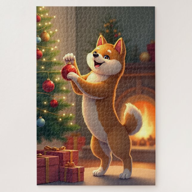Puzzle Shiba Inu Decorating the Christmas Tree Painting (Vertical)