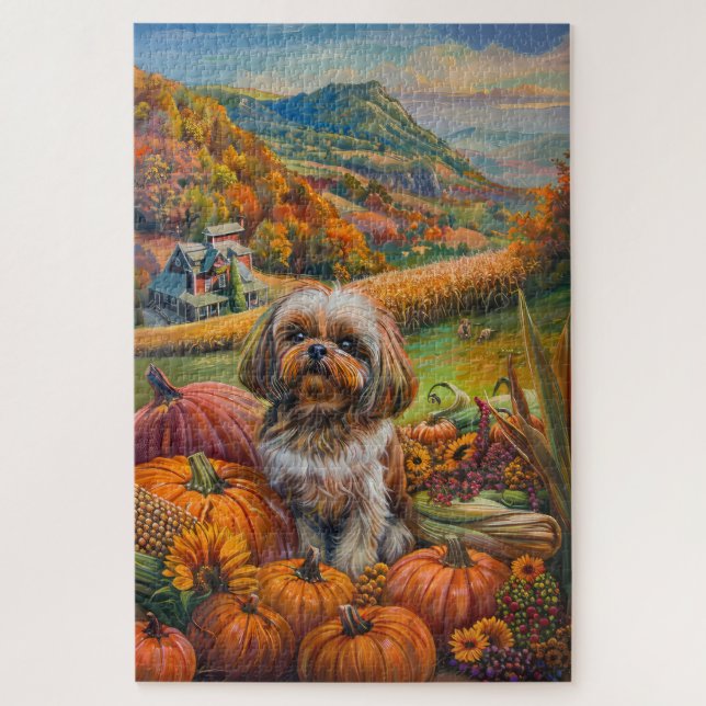 Puzzle Shih Tzu Chien Moisson d'automne Thanksgiving (Vertical)