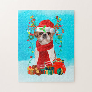 Puzzle Shih Tzu dans la neige avec cadeaux de Noël