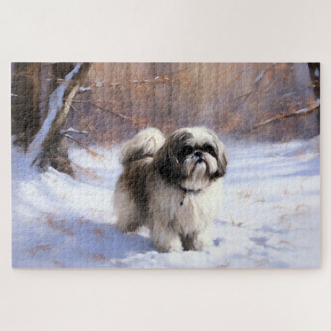 Puzzle Shih Tzu Laisse Neige Noël (Horizontal)
