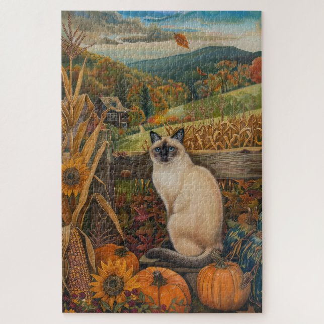 Puzzle Siamese Chat Automne Harvest Thankgiving (Vertical)