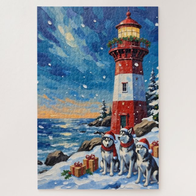Puzzle Siberian Husky Christmas Lighthouse Holiday (Vertical)