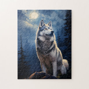 Puzzle Siberian Husky dans une nuit illuminée par la lune