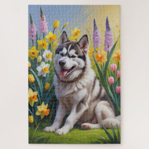 Puzzle Sibérie Husky Chien Fleurs de printemps Peinture