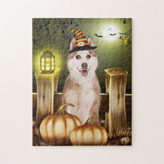Puzzle Sibérien Husky avec Casquette sorcier Halloween (Vertical)