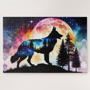 Puzzle Silhouette berger allemand sur la lune de montagne