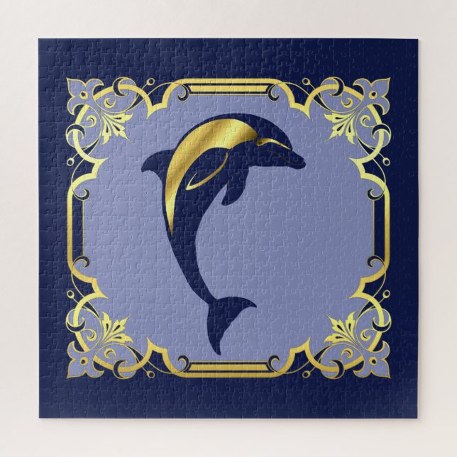 Puzzle Silhouette de dauphin nautique/or/bleu marine (Vertical)