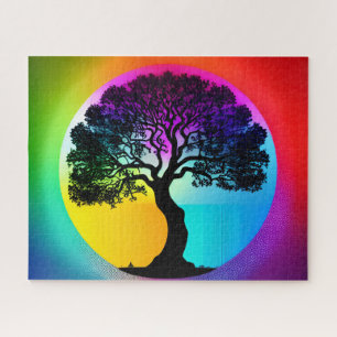 Puzzle Silhouette de l'arbre de vie devant le ciel arc-en