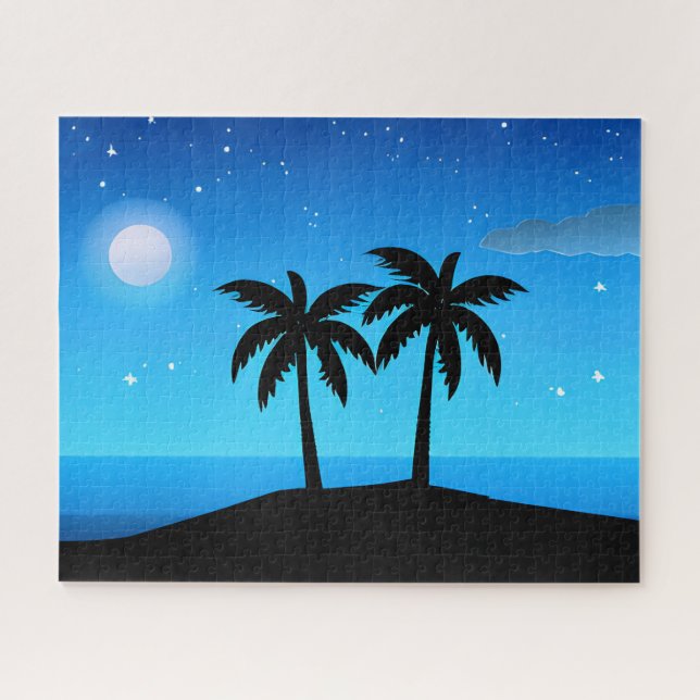 Puzzle Silhouette de l'île tropicale avec lune et étoiles (Horizontal)
