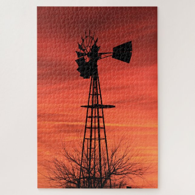 Puzzle Silhouette de moulin à vent rouge Twilight Kansas  (Vertical)