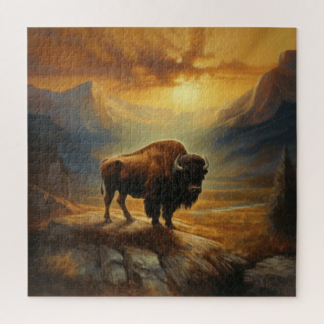 Puzzle Silhouette du coucher de soleil de bison de buffle (Vertical)