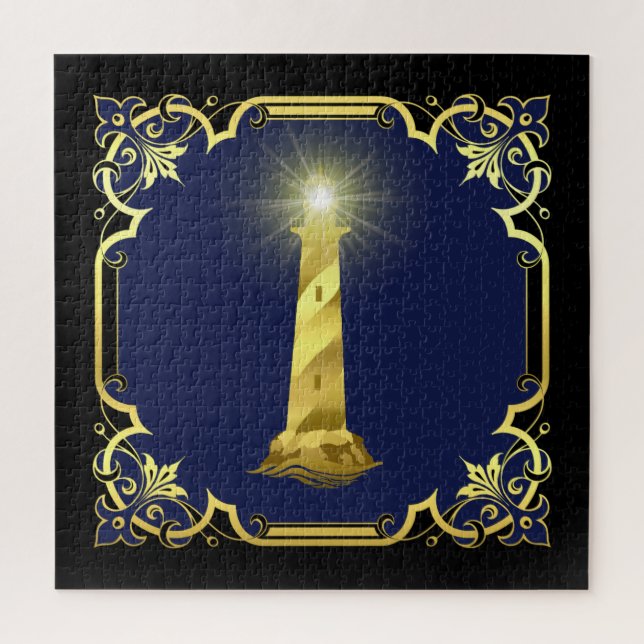 Puzzle Silhouette du phare nautique/or/noir/marine (Vertical)