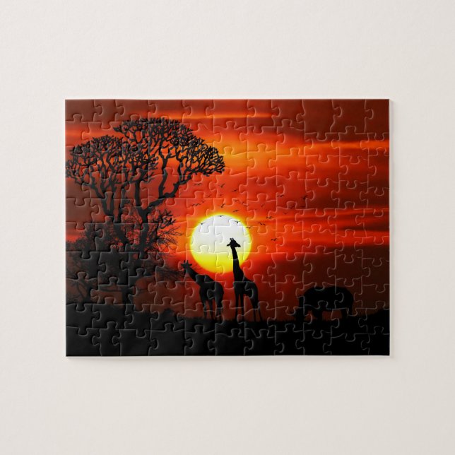 Puzzle Silhouettes africaines d'animal de coucher du (Horizontal)