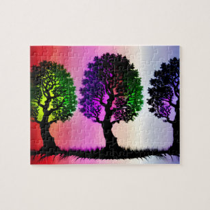 Puzzle Silhouettes d'arbre noir avec fond de ciel coloré