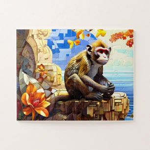 Puzzle Singe de Gibraltar assis sur des rochers en espagn