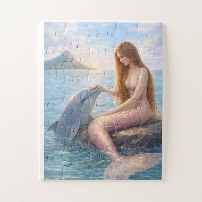 Puzzle Sirène à queue rose et dauphin (Vertical)