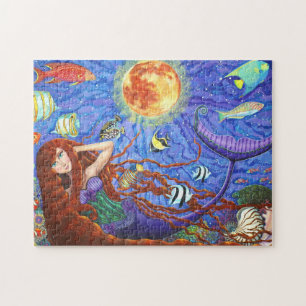 Puzzle Sirène à tête rouge en Corse avec lune et poisson