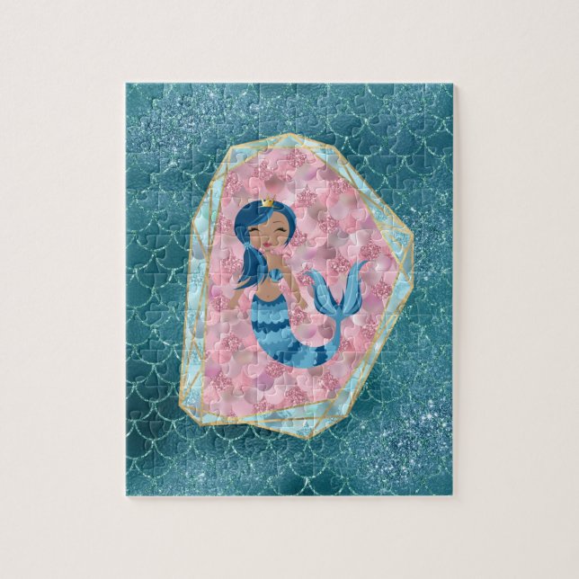 Puzzle Sirène bleue en coquille rose (Vertical)