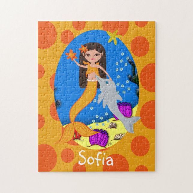 Puzzle Sirène orange dans l'océan avec un dauphin (Vertical)