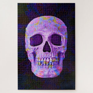 Puzzle Skull Head Day Of The Dead Purple Blue Neon Gothic