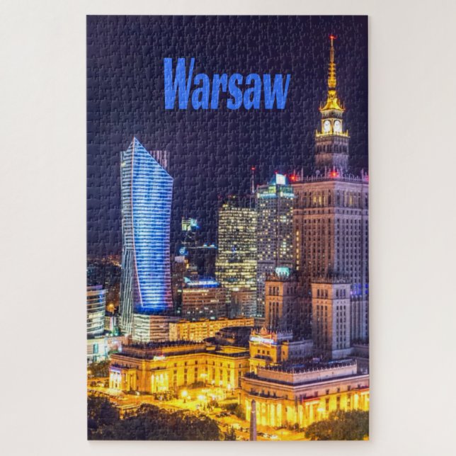 Puzzle Skyline nocturne de Varsovie en Pologne (Vertical)