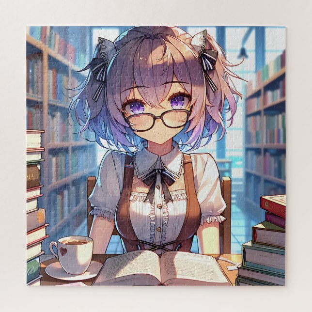 Puzzle Smart Anime Girl in Library Reading Books (Vertical)