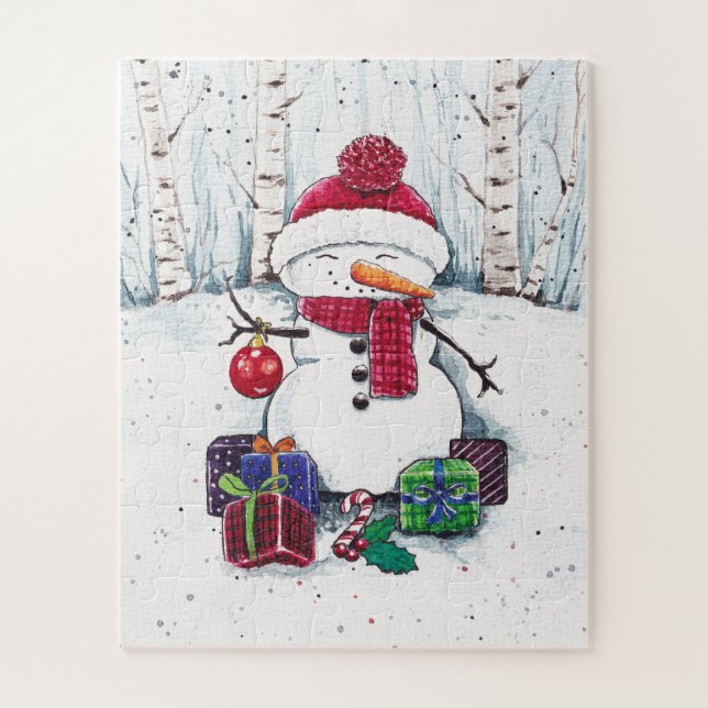 Puzzle Snowman Avec Cadeaux En Aquarelle (Vertical)