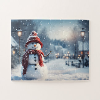 Puzzle Snowman dans le village. Scène hivernale.