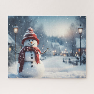 Puzzle Snowman dans le village. Scène hivernale.