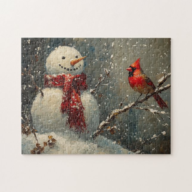 Puzzle Snowman et une peinture cardinale à l'huile (Horizontal)
