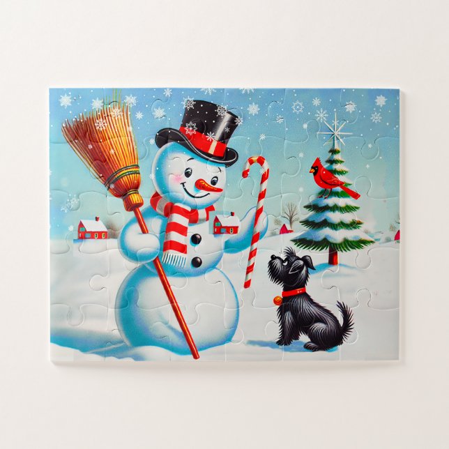 Puzzle Snowman Rétro, Chien Maigre, Cardinal Rouge Et Arb (Horizontal)