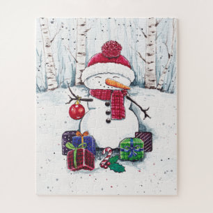 Puzzle Snowman With Gifts In Watercolor 