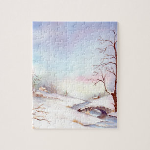 Puzzle Snowy Bridge Watercolor Landscape