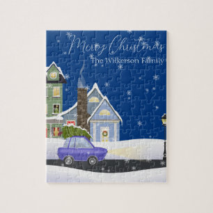 Puzzle Soirée de Noël Bleue dans un village de neige