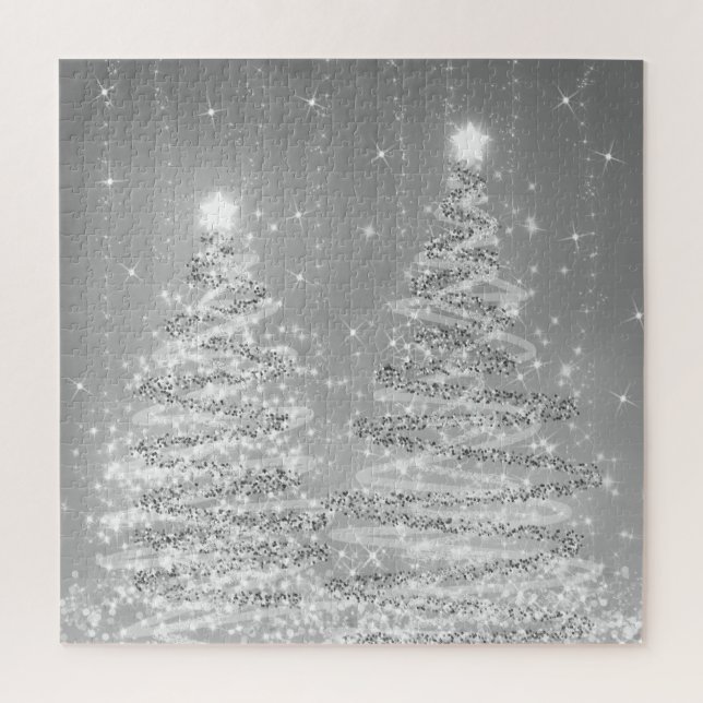 Puzzle Soirée de Noël Élégante Arbres pétillants Argent (Vertical)