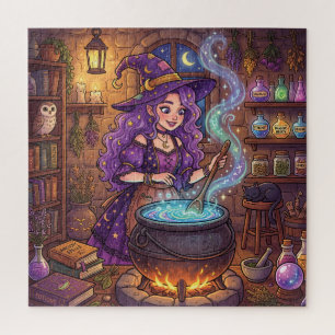 Puzzle Sorcière de dessin animé faisant une potion d'amou