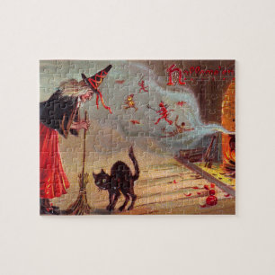 Puzzle Sorcière de Halloween et chat noir