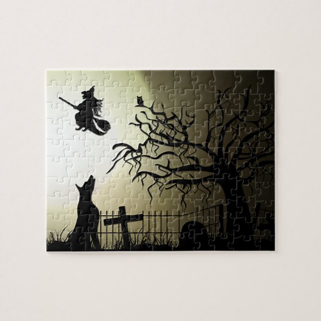 Puzzle Sorcière de Halloween et chien d'hurlement (Horizontal)