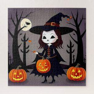 Puzzle Sorcière d'Halloween avec des citrouilles