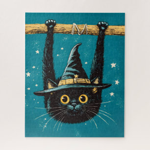Puzzle Sorcière éffrayante de chat noir volant