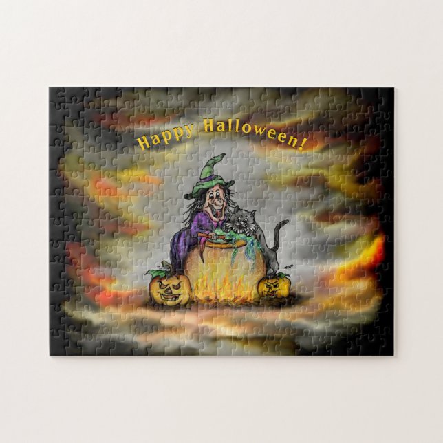 Puzzle Sorcière et chat noir, Happy Halloween ! (Horizontal)