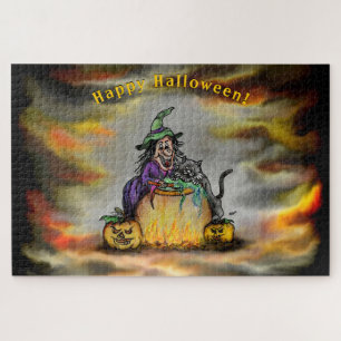 Puzzle Sorcière et chat noir, Happy Halloween !