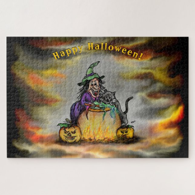 Puzzle Sorcière et chat noir, Happy Halloween ! (Horizontal)