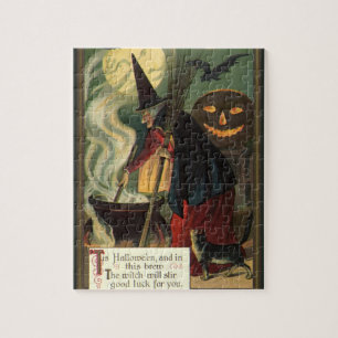 Puzzle Sorcière Halloween Vintage remuant un chaudron mag