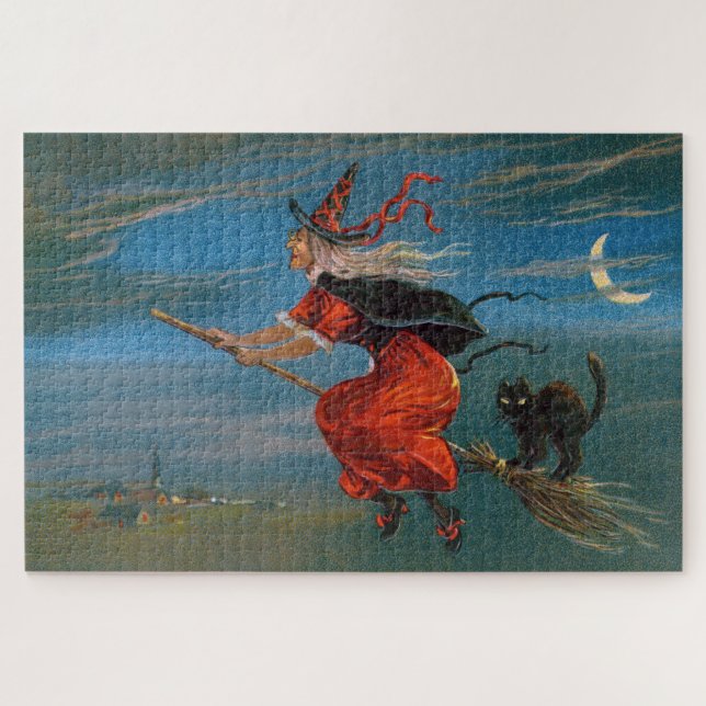 Puzzle Sorcière volant avec chat noir la nuit d'Halloween (Horizontal)