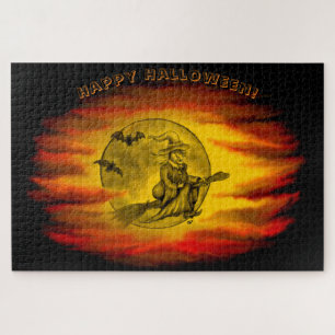 Puzzle Sorcière volante avec chat noir, nuit halloween