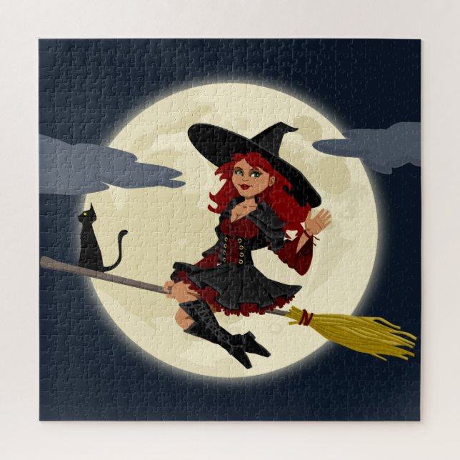 Puzzle Sorcière volante, Lune et Chat noir (Vertical)