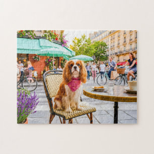 Puzzle Sortie en ville d'un spaniel dans un café en plein