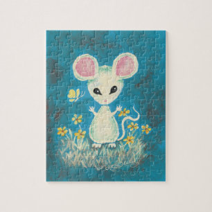 Puzzle Souris blanche avec fleurs jaunes et papillon.