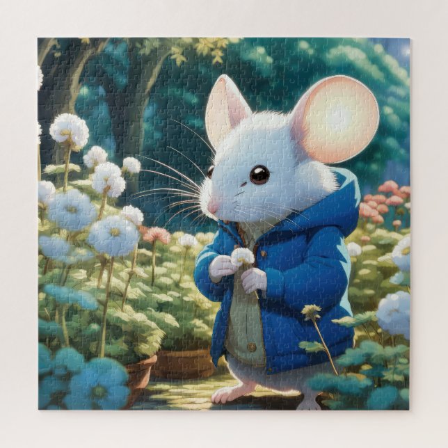 Puzzle Souris Blanche Dans Le Jardin Fleuri (Vertical)